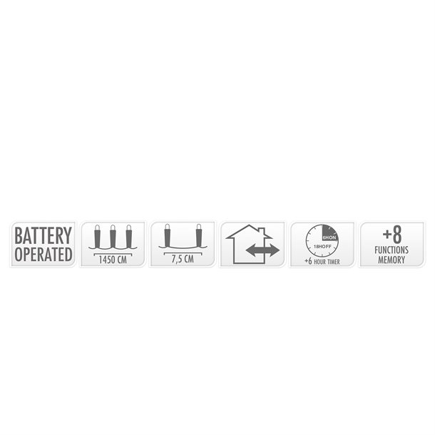 Batteridrevet lyskæde på 15 meter og 192 LED\'er - 8 forskellige lysfunktioner og timer i varm hvid AX8415230